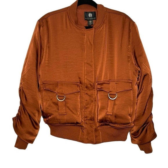 House Of Harlow 1960 Copper Rust Satin Bomber Jacket nwt Ruched Sz M - Picture 1 of 13